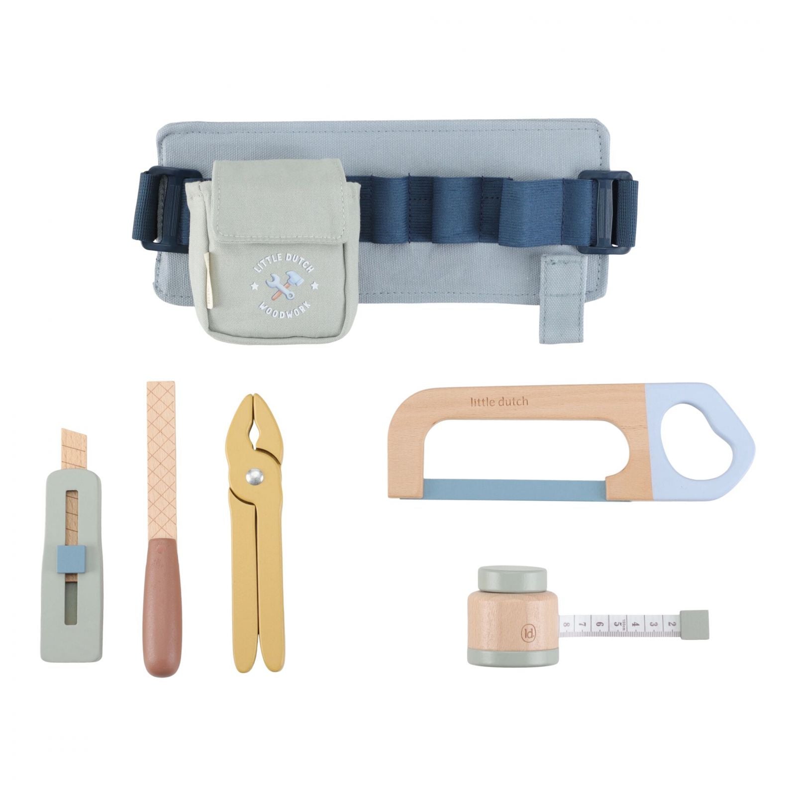 Intero contenuto di tool belt: cintura regolabile, sega, taglierino, lima, pinza metro tutti di legno