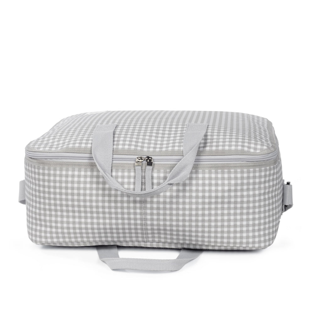 valigia per ospedale in laminated cotton, quadretti vichy grigio, con manici e tracolla, con logo walking mum