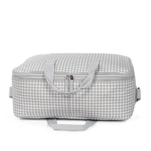 valigia per ospedale in laminated cotton, quadretti vichy grigio, con manici e tracolla, con logo walking mum