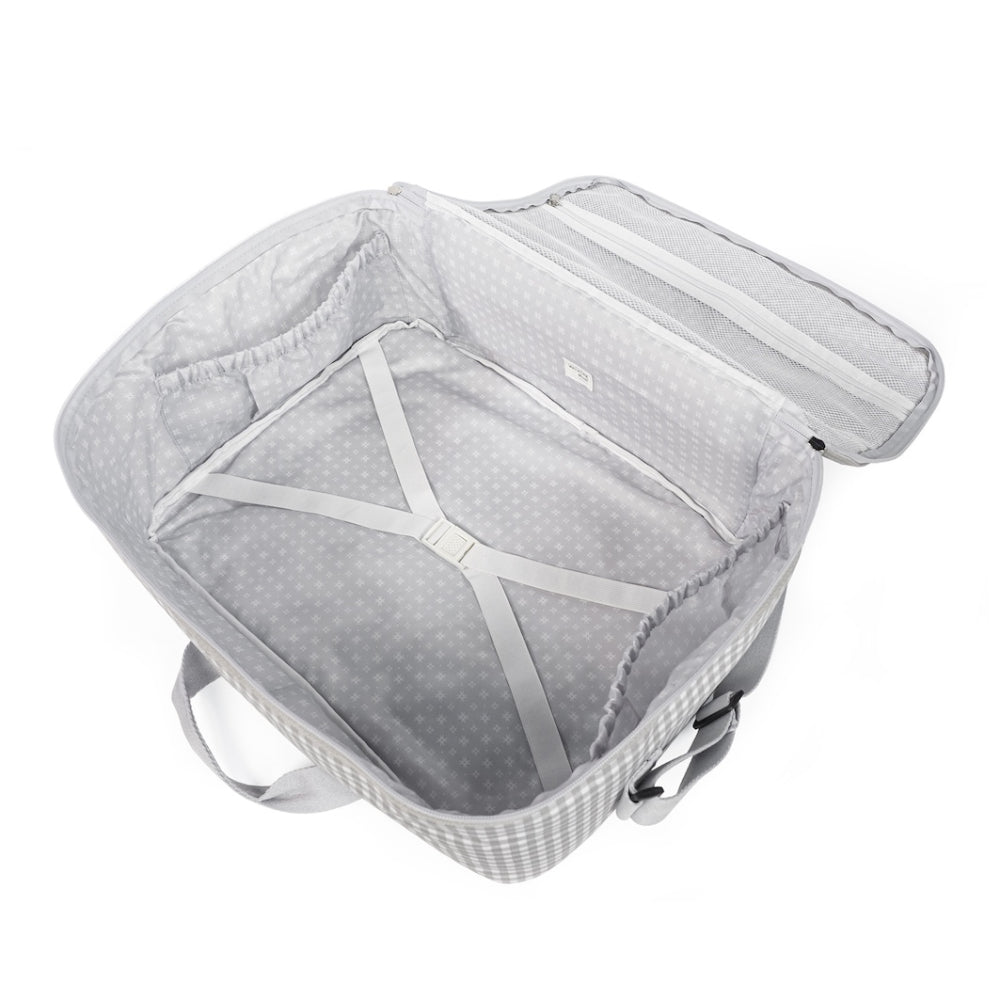 valigia per ospedale in laminated cotton, quadretti vichy grigio, con manici e tracolla, con logo walking mum con elastici interni