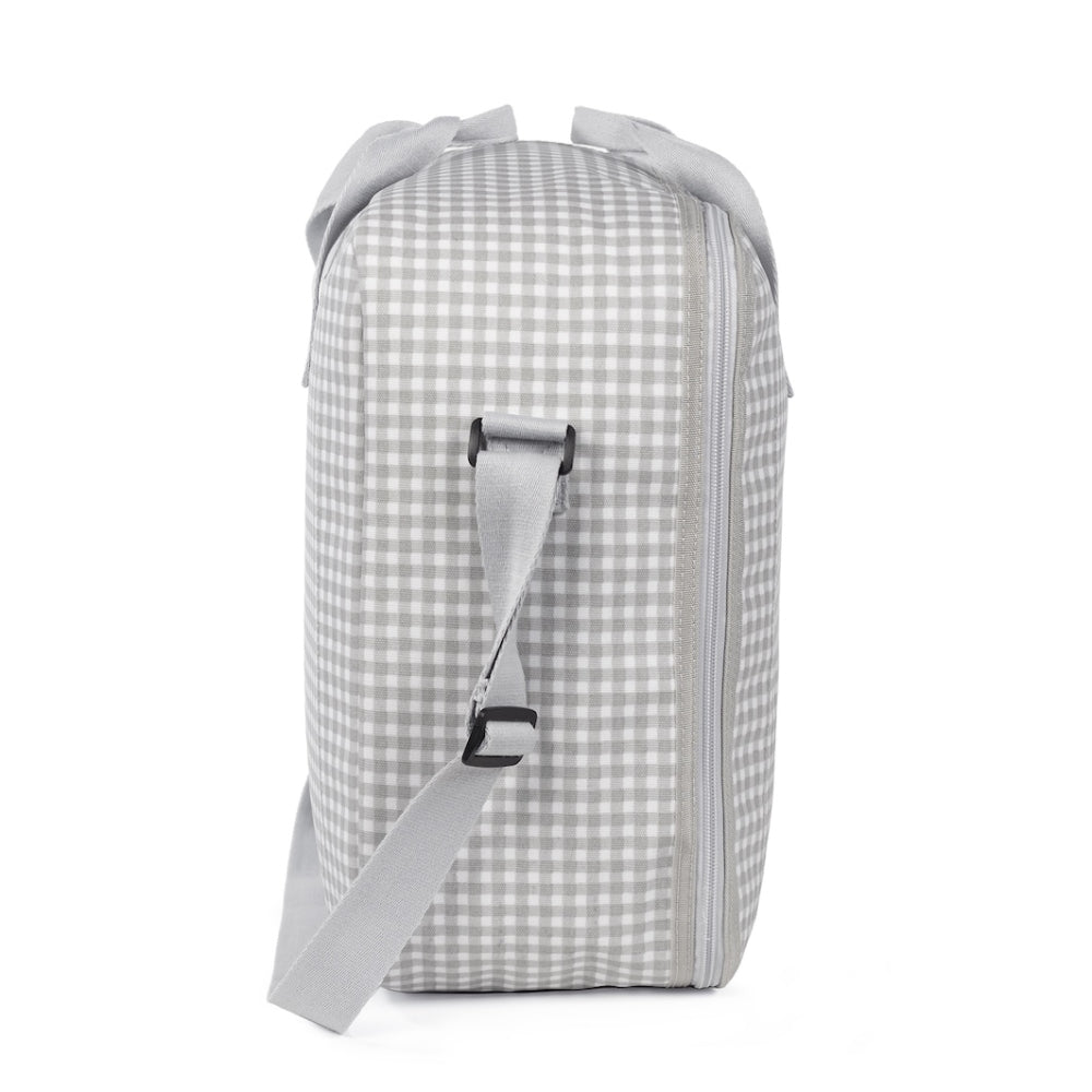 valigia per ospedale in laminated cotton, quadretti vichy grigio, con manici e tracolla, con logo walking mum