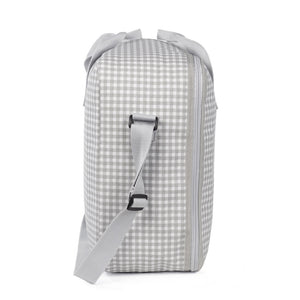 valigia per ospedale in laminated cotton, quadretti vichy grigio, con manici e tracolla, con logo walking mum