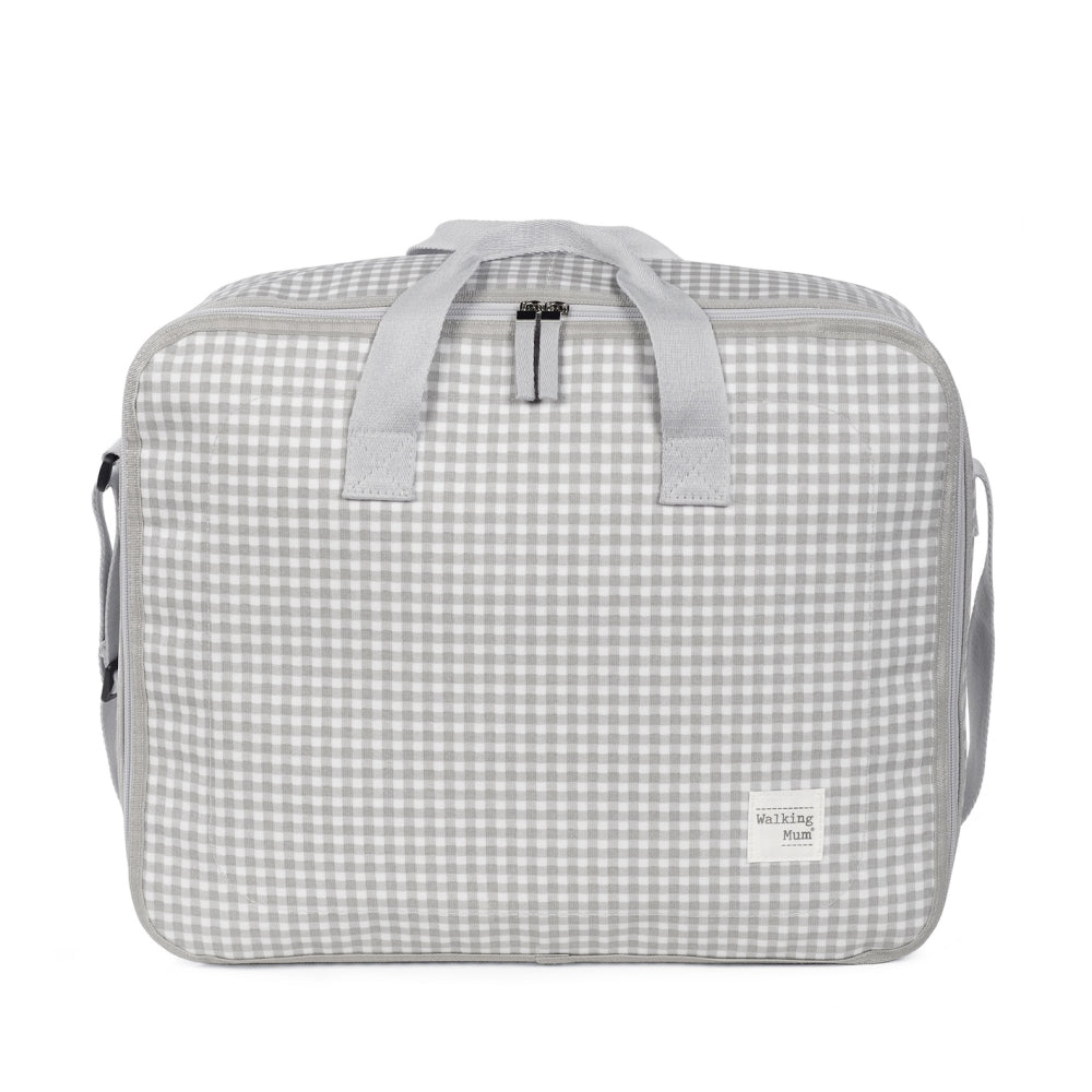 valigia per ospedale in laminated cotton, quadretti vichy grigio, con manici e tracolla, con logo walking mum