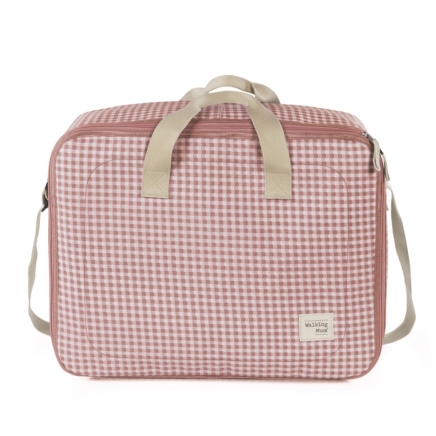 valigia per ospedale in laminated cotton, quadretti vichy rosa, con manici e tracolla, con logo walking mum