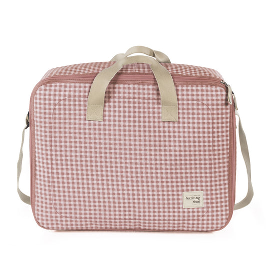 valigia per ospedale in laminated cotton, quadretti vichy rosa, con manici e tracolla, con logo walking mum