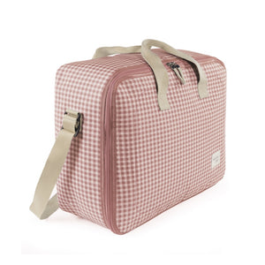 valigia per ospedale in laminated cotton, quadretti vichy rosa, con manici e tracolla, con logo walking mum