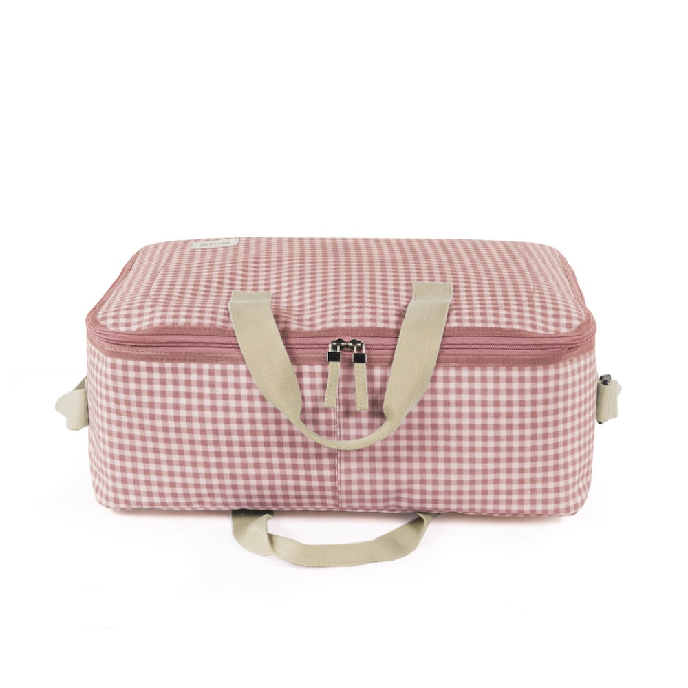 valigia per ospedale in laminated cotton, quadretti vichy rosa, con manici e tracolla, con logo walking mum