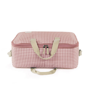valigia per ospedale in laminated cotton, quadretti vichy rosa, con manici e tracolla, con logo walking mum