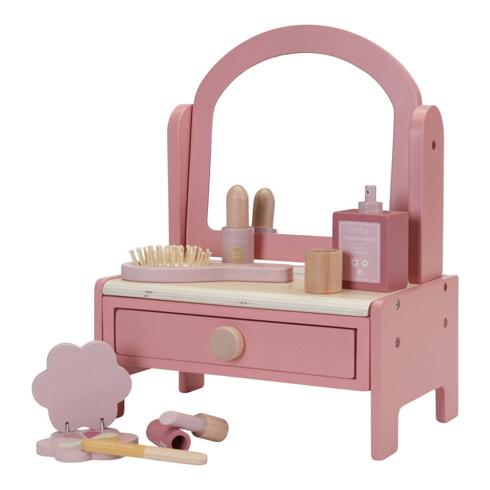 tavolo da trucco rosa con accessori