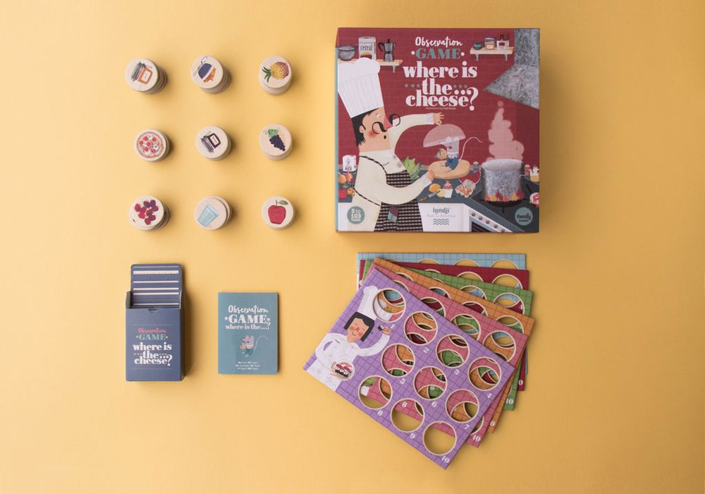 Scatola where is the cheese con 6 l'intero contenuto. 6 schede gioco, 80 gettoni degli ingredienti, 80 carte menù