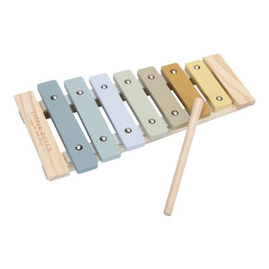 xilofono con tasselli colorati nei toni dell'azzurro e bastoncino in legno
