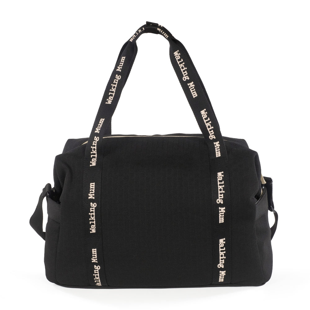 borsa nera con manici con logo walking mum e tracolla