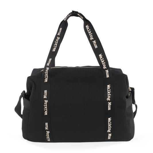 borsa nera con manici con logo walking mum e tracolla