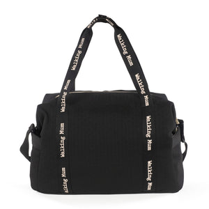 borsa nera con manici con logo walking mum e tracolla