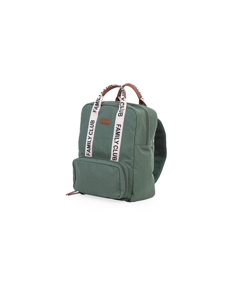 zaino colore verde con scritta family club e tasca esterna