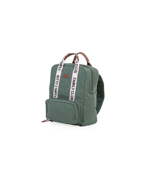 zaino colore verde con scritta family club e tasca esterna