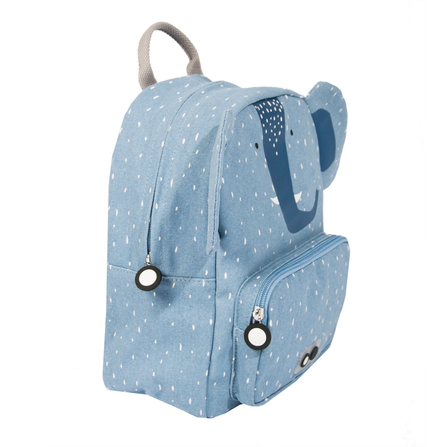 Zainetto per l'Asilo, Mr Elefante, Trixie. Colore blu, design Elefante con orecchie in alto che spuntano dallo zaino. Ampia tasca esterna con cerniera. Vista laterale