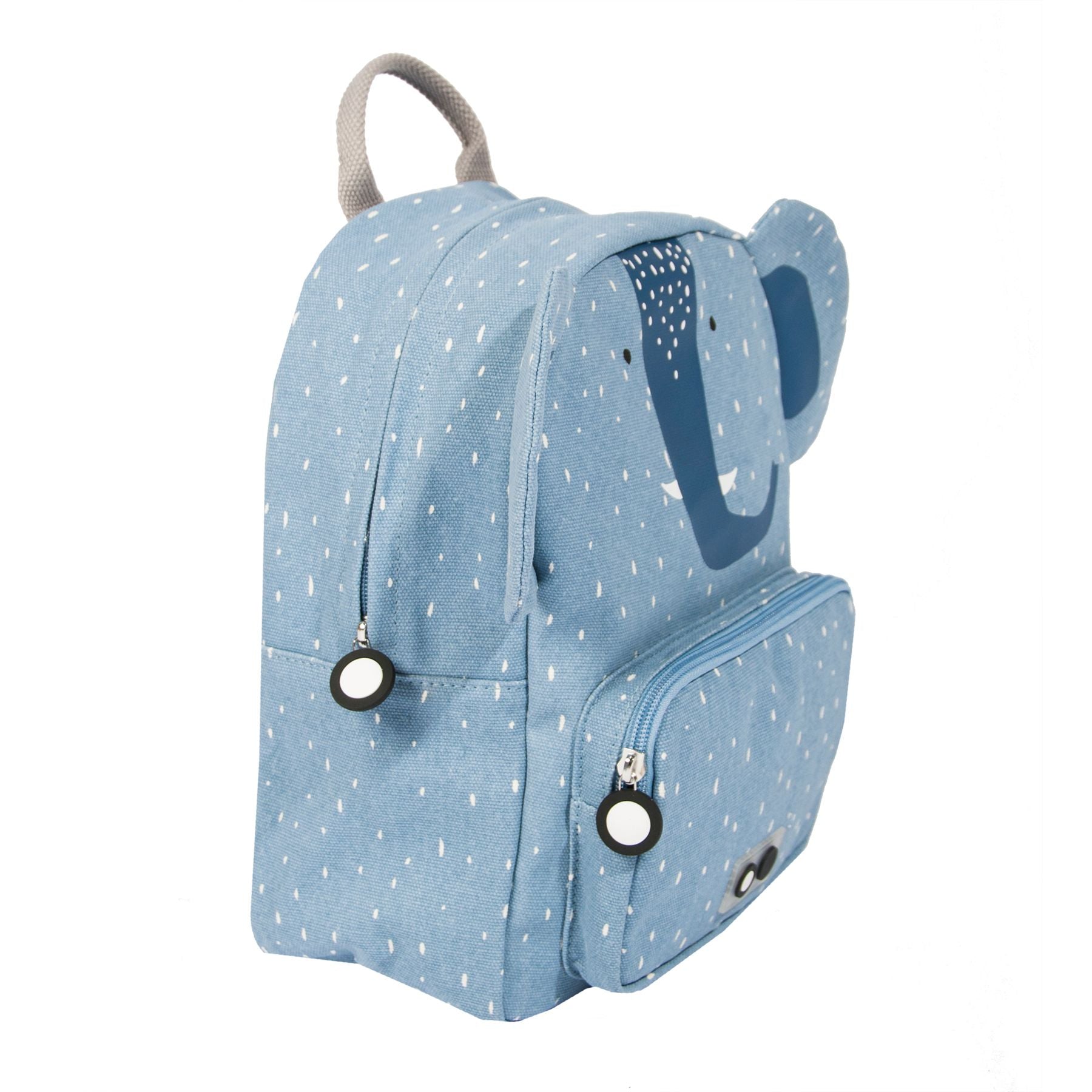 Zainetto per l'Asilo, Mr Elefante, Trixie. Colore blu, design Elefante con orecchie in alto che spuntano dallo zaino. Ampia tasca esterna con cerniera. Vista laterale