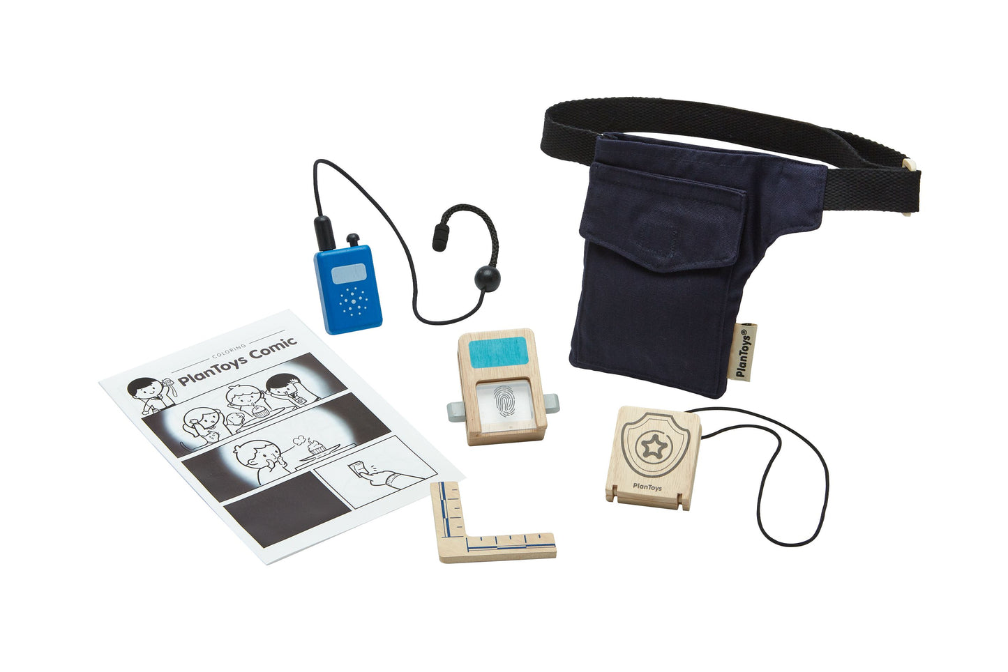 Set di gioco dell'agente segreto, Secret Agent Play Set, Plan Toys. Il set include 1 walkie-talkie, 1 scanner per le dita, 1 badge identificativo, 1 fumetto da colorare, un borsello