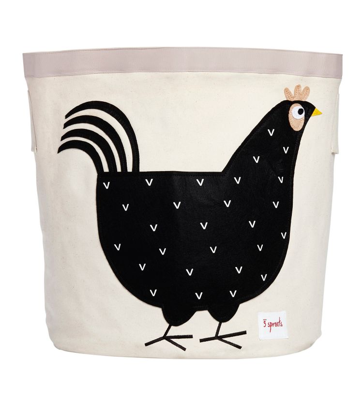 cesta porta giochi con una gallina disegnata