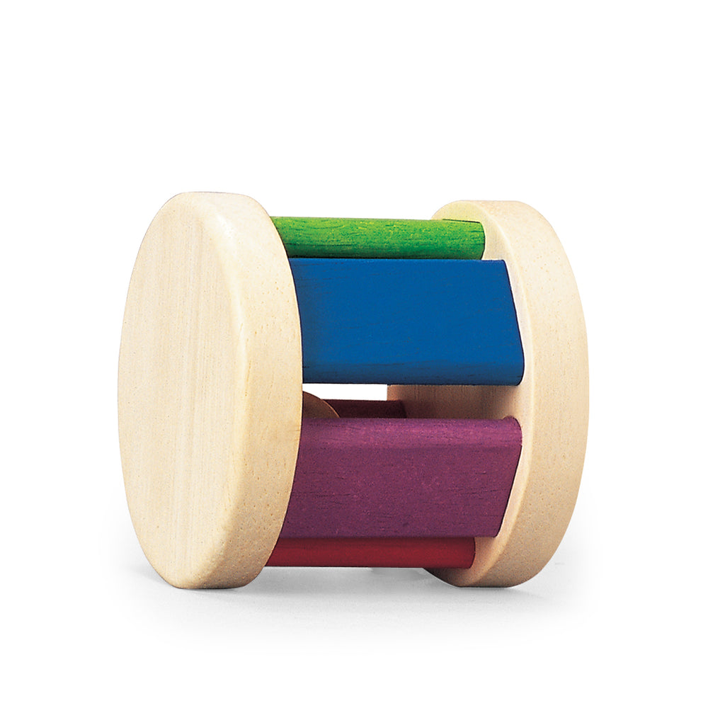 Sonaglio in legno "Roller", Plan Toys. Tasselli colorati con tinte accese: viola, blu, verde, rosso, giallo e arancione.