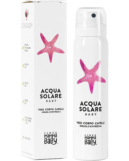 spray solare con stella marina rosa e packaging in cartoncino