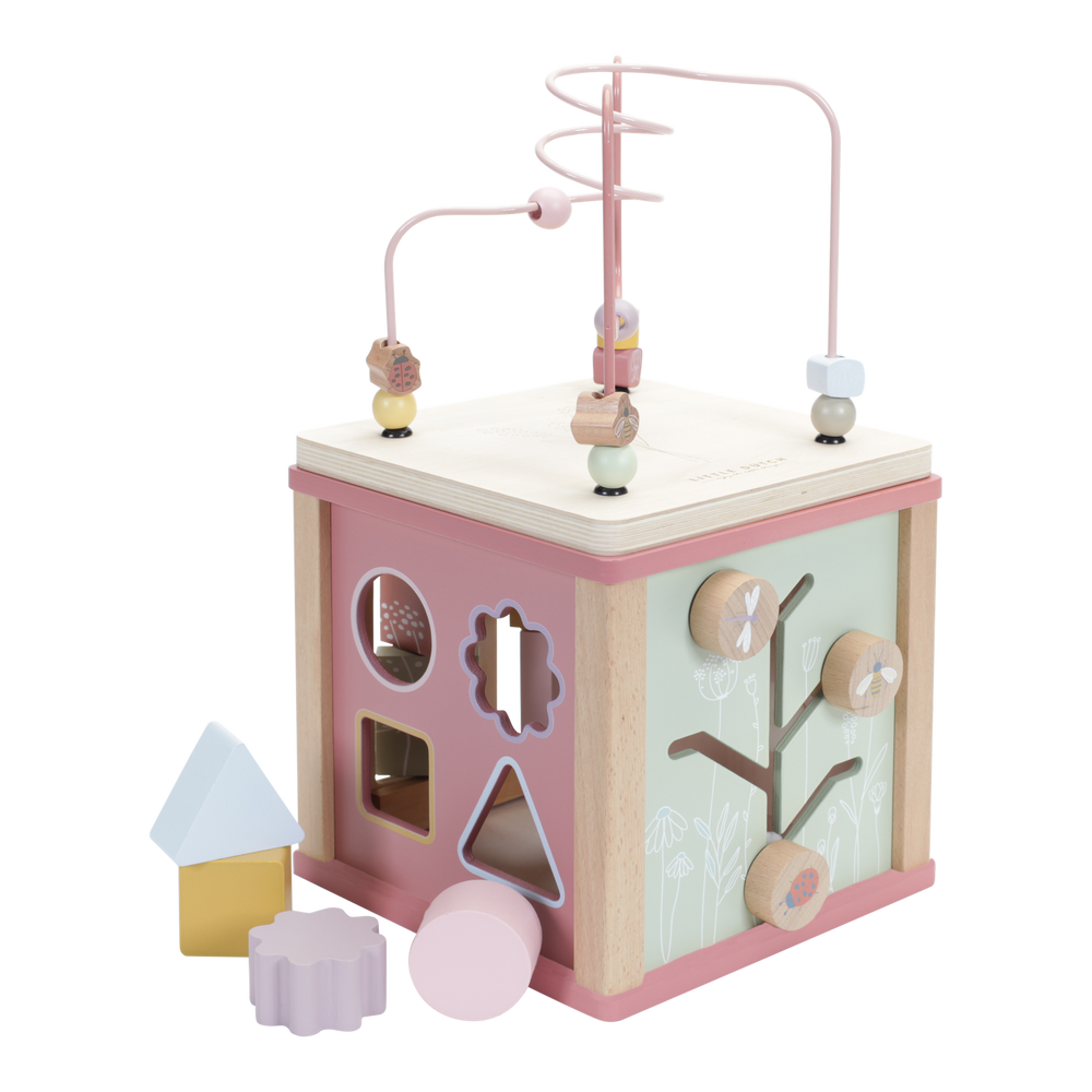 Activity Cube, cubo multiattività in legno, Little Dutch. Cubo a tema Fiori e Insetti, sui toni del rosa con disegni, elementi e pezzi a tema fiori e insetti del prato.