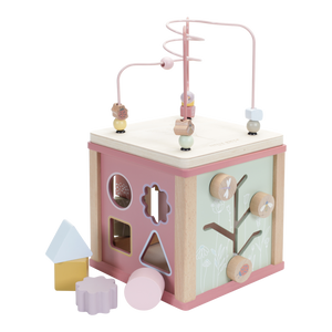 Activity Cube, cubo multiattività in legno, Little Dutch. Cubo a tema Fiori e Insetti, sui toni del rosa con disegni, elementi e pezzi a tema fiori e insetti del prato.