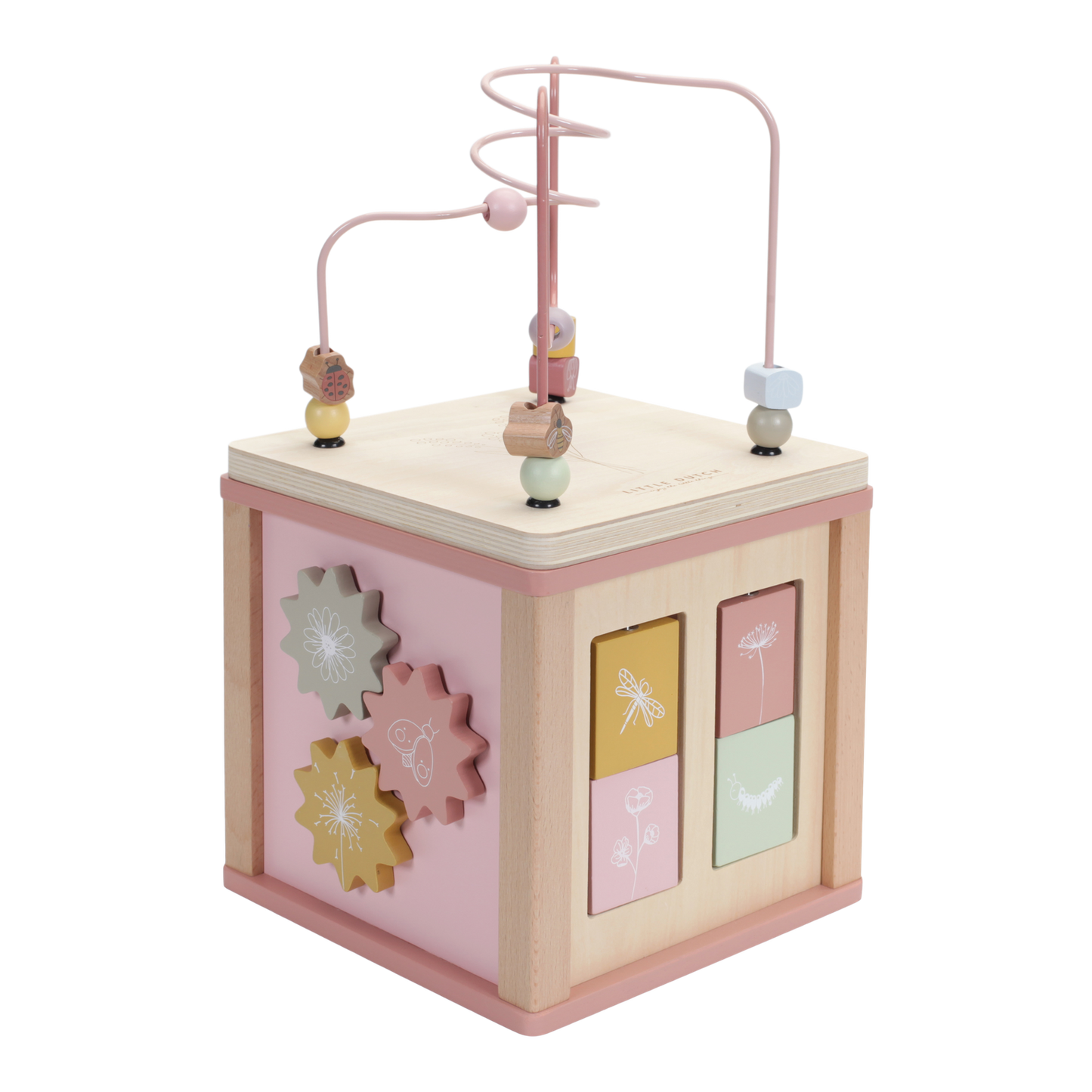 Activity Cube, cubo multiattività in legno, Little Dutch. Cubo a tema Fiori e Insetti, sui toni del rosa con disegni, elementi e pezzi a tema fiori e insetti del prato.