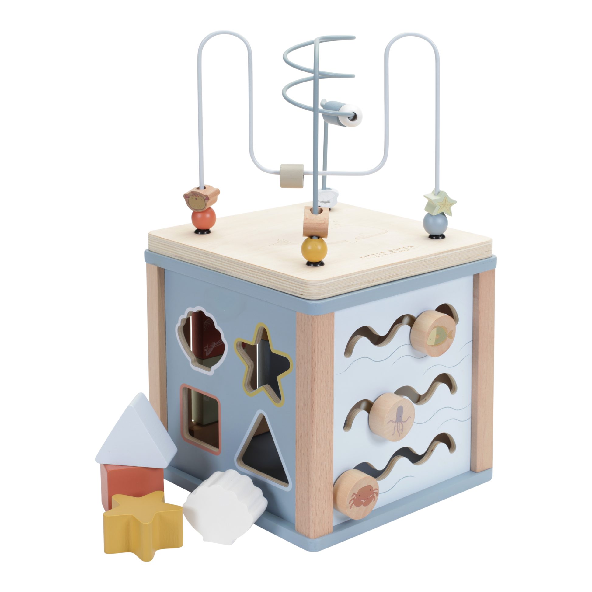 Activity Cube, cubo multiattività in legno, Little Dutch. Cubo a tema Oceano sui toni dell'azzurro con disegni, elementi e pezzi a tema marino.