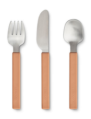 forchetta, coltello, cucchiaio in acciaio e manico in silicone Rosa toscana