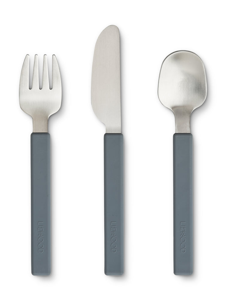 forchetta, coltello, cucchiaio in acciaio e manico in silicone Blu