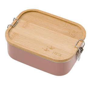 Lunch Box Ash Rose di Fresk. Porta pranzo o merenda in acciaio alimentare con coperchio in bambù e chiusura ermetica. Il contenitore all'esterno è color rosa antico. Il tappo in bambù riporta un simpatico disegno di due uccellini stampati sopra.