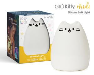 Luce a led notturna in silicone MIDI, InnoGIO. Lampada in silicone bianco a forma di gatto con occhi, bocca e baffi neri