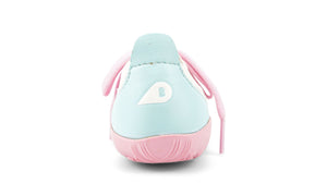 I-Walk Play Knit Mist/White. Vista posteriore della scarpina con tallone azzurro