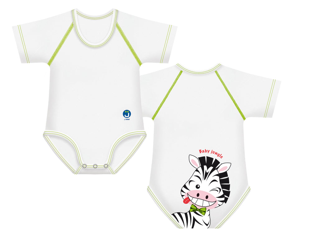 Body neonato 4 stagioni, 0-36 mesi, J Bimbi. Design: zebra - body a mezza manica bianco con cuciture verdi e stampa di una zebra sulla parte posteriore del body, in corrispondenza del sederino del bimbo. Vista anteriore e posteriore del body con chiusura a bottoncini automatici