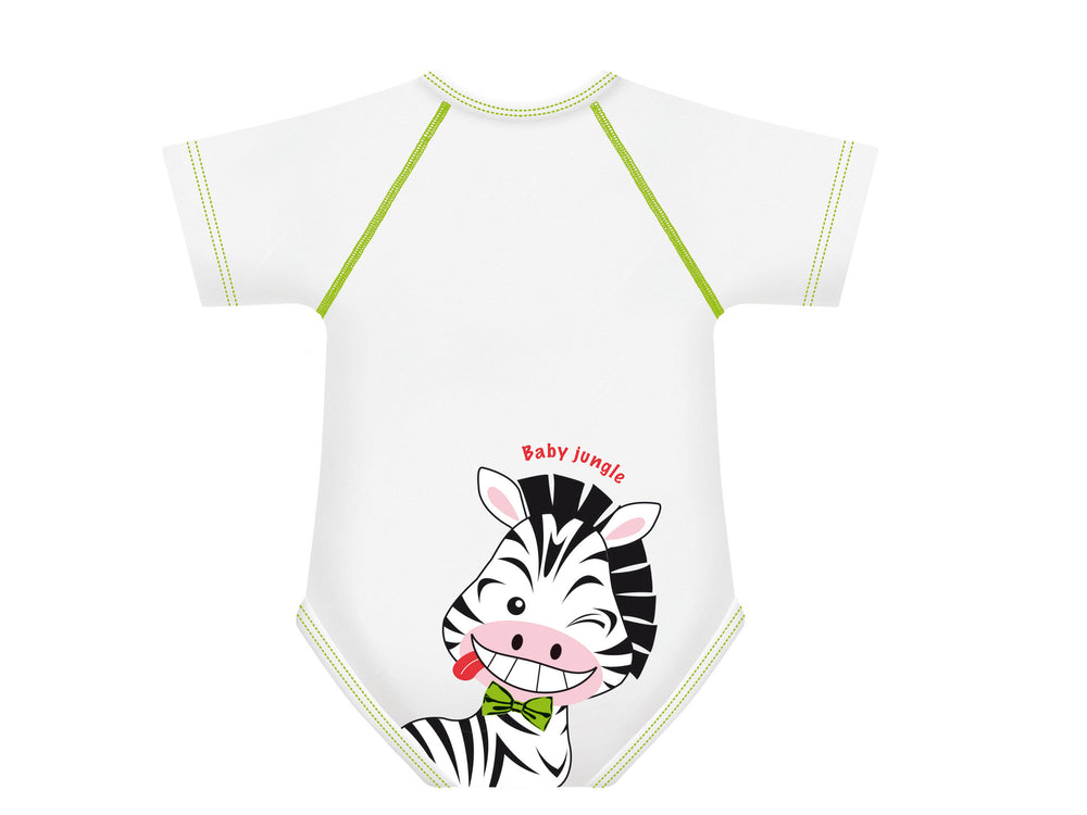 Body neonato 4 stagioni, 0-36 mesi, J Bimbi. Design: zebra - body a mezza manica bianco con cuciture verdi e stampa di una zebra sulla parte posteriore del body, in corrispondenza del sederino del bimbo. Vista posteriore del body con stampa zebra e cuciture verdi