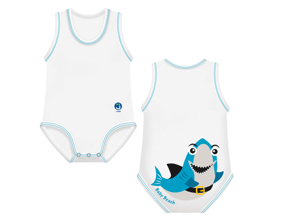 Body neonato senza manica, taglia unica 0-36 mesi, J Bimbi - Summer Collection. Design SQUALO. Vista anteriore e posteriore del body con cuciture azzurre, chiusura con bottoncini automatici e stampa di uno squaletto azzurro