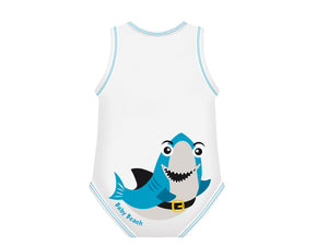 Body neonato senza manica, taglia unica 0-36 mesi, J Bimbi - Summer Collection. Design SQUALO. Vista posteriore del body con cuciture azzurre e stampa di uno squaletto azzurro