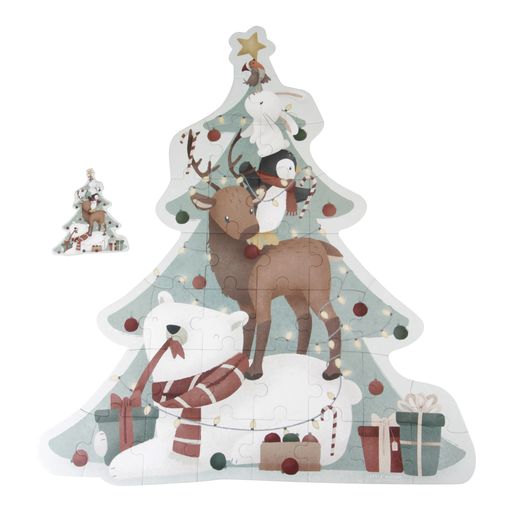XL Puzzle Christmas, puzzle natalizio, Little Dutch. Puzzle completato. Una volta completo, il puzzle ha la forma di un albero di Natale che raffigura un orso polare, una renna, un pinguino, un coniglietto e un pettirosso uno sopra l'altro che raggiungono la punta dell'albero e toccano la punta a forma di stella