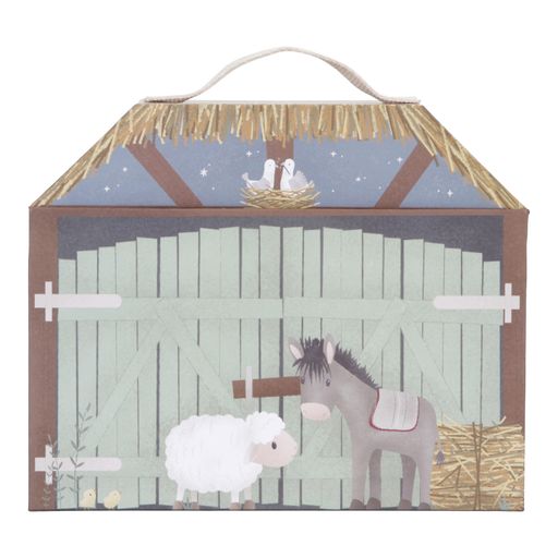 Christmas Manger, Presepe, Little Dutch. Vista della confezione chiusa che rappresenta la capanna della Natività chiusa con asinello e pecorella raffigurati