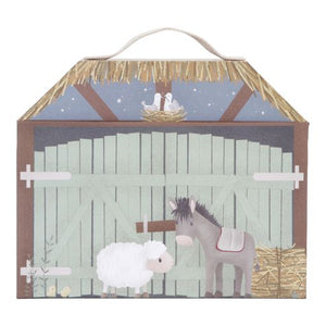 Christmas Manger, Presepe, Little Dutch. Vista della confezione chiusa che rappresenta la capanna della Natività chiusa con asinello e pecorella raffigurati