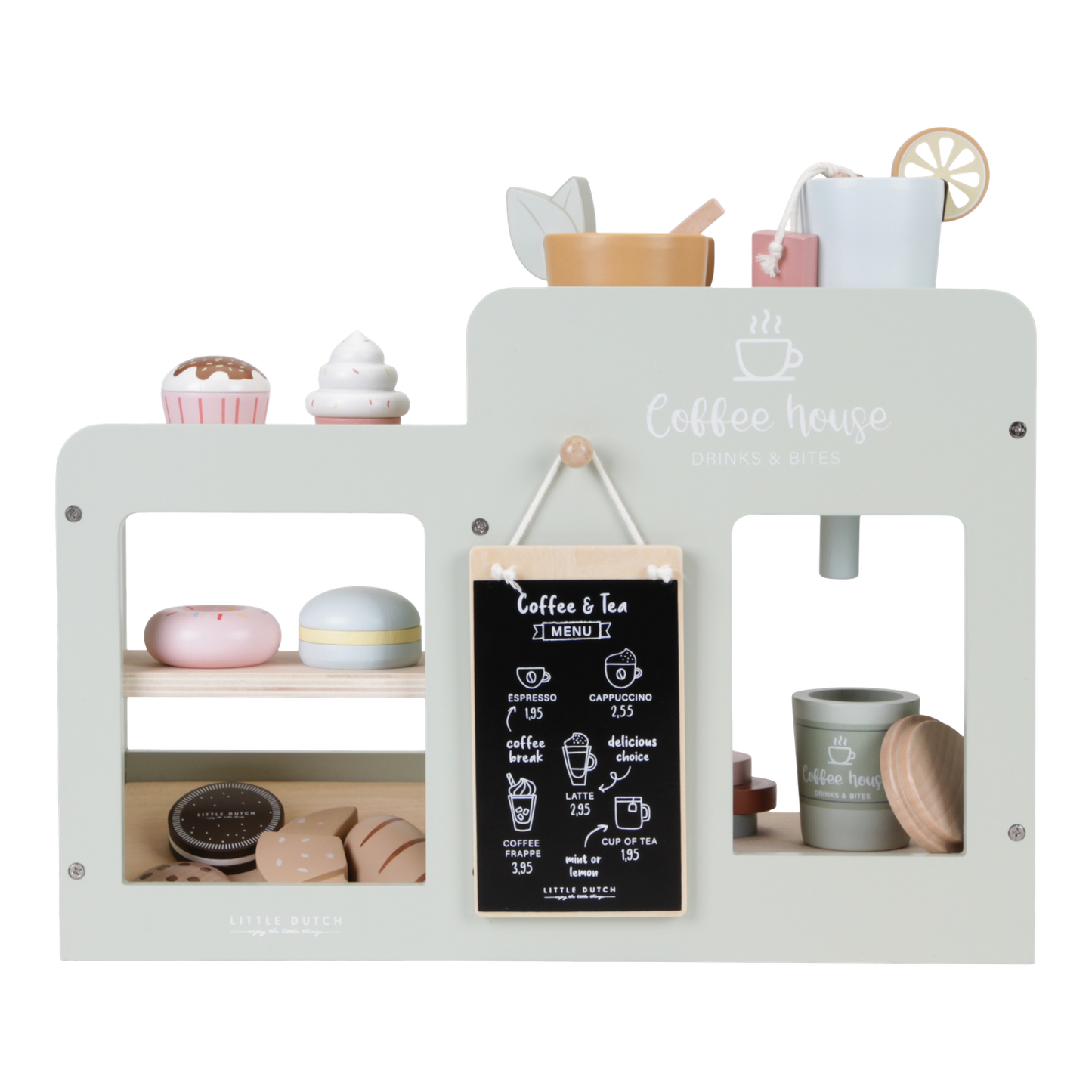Coffee Corner, caffetteria in legno, Little Dutch. Gioco montato e completo di accessori. Vista sul retro