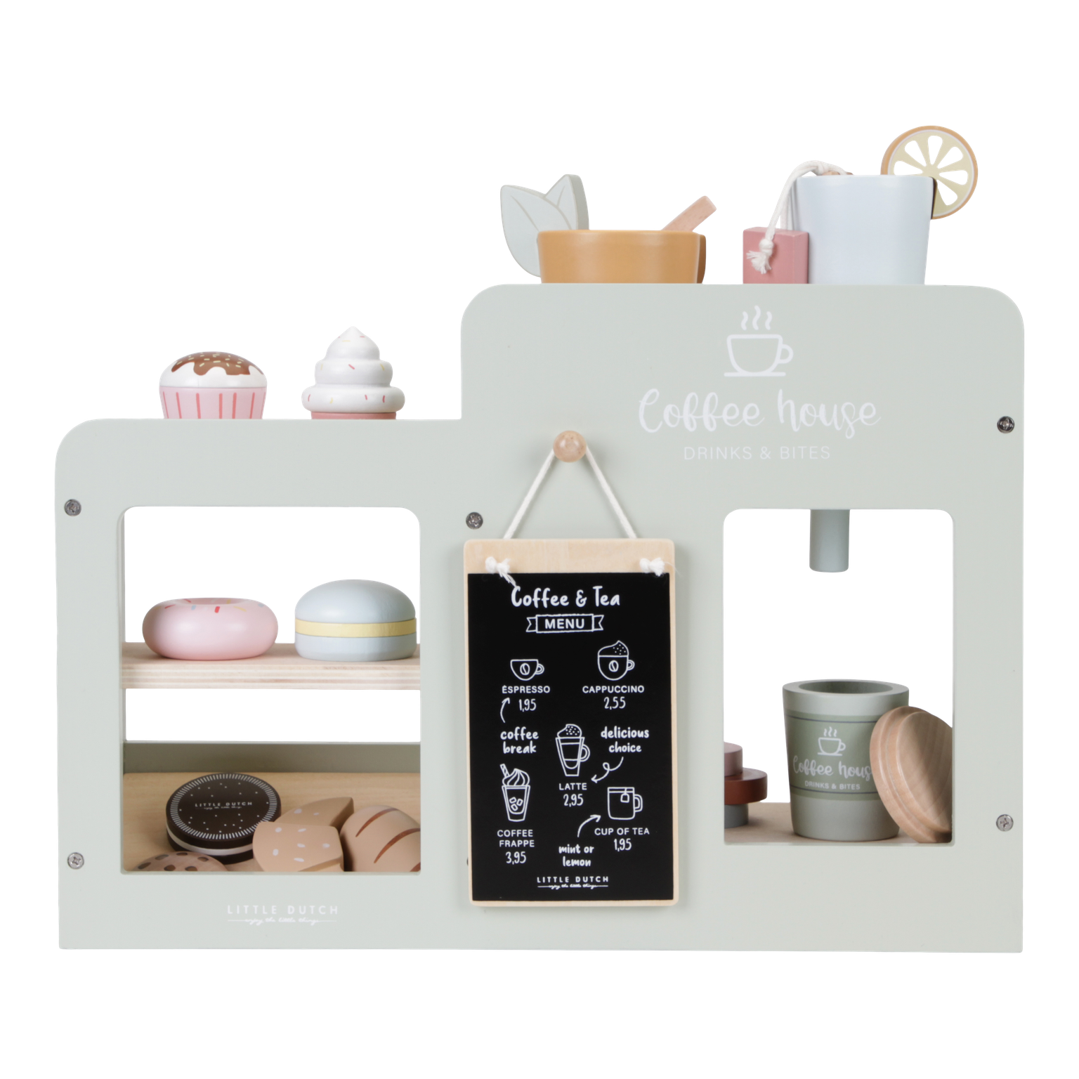 Coffee Corner, caffetteria in legno, Little Dutch. Gioco montato e completo di accessori. Vista sul retro