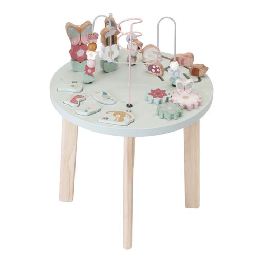 Activity Table, tavolino multiattività in legno, Little Dutch. Tavolino a tema Fiori e Farfalle con diversi giochi tra cui spirali, ingranaggi, puzzle. Il tavolino è rotondo e color verde chiaro pastello con gambe color legno marrone chiaro. I vari elementi richiamano il tema dei fiori e delle farfalle con uccellini, coniglietti, api, fiori ecc... Vista del gioco intera