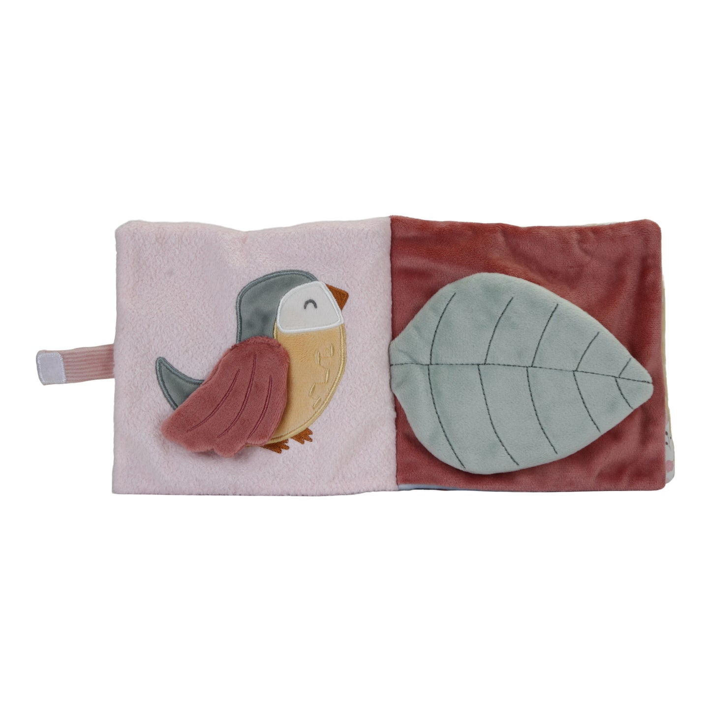 Libro di attività morbido multisensoriale, Little Dutch. Libretto a tema Fiori e Farfalle aperto con uccellino e foglia