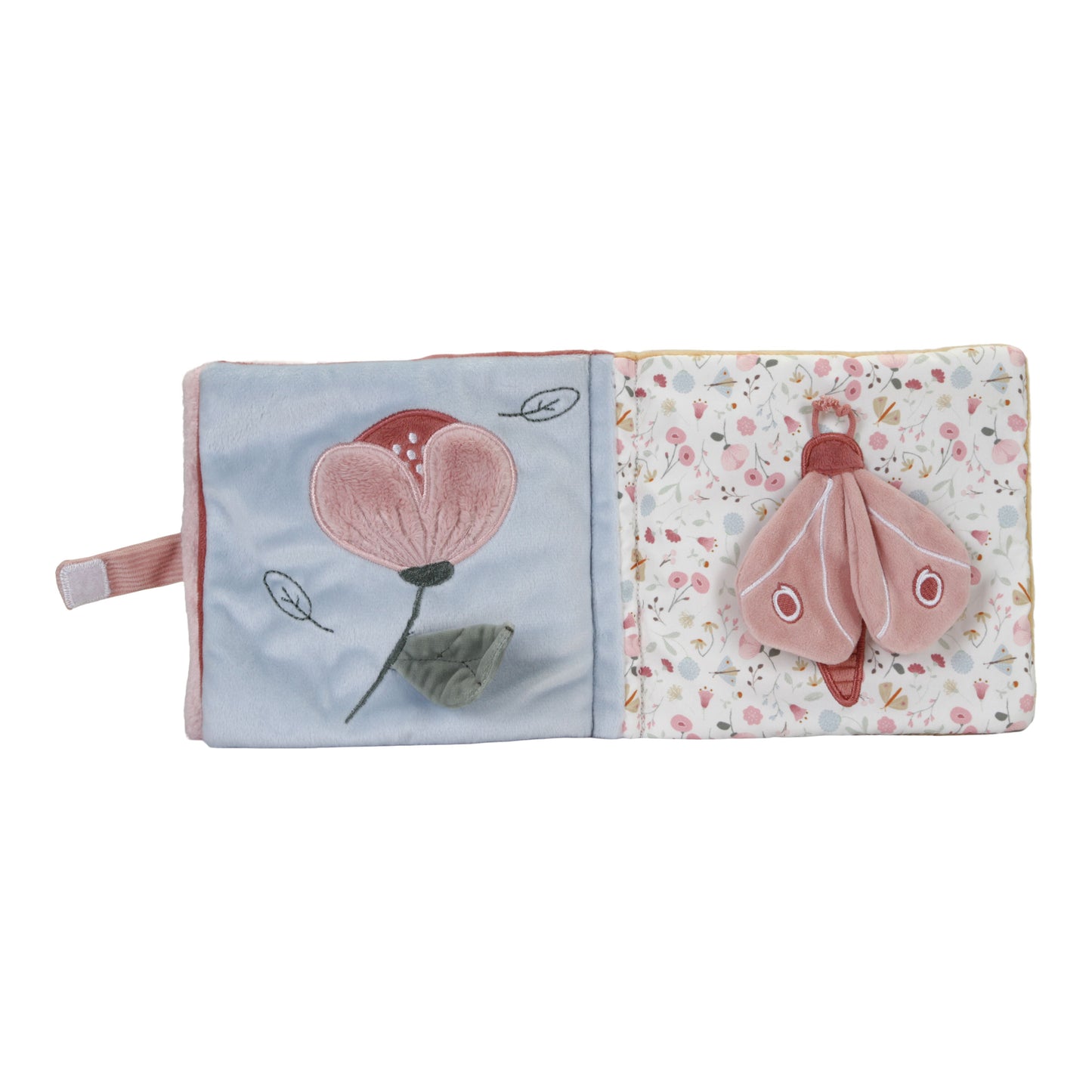 Libro di attività morbido multisensoriale, Little Dutch. Libretto a tema Fiori e Farfalle aperto sulle pagine con fiore ed insetto