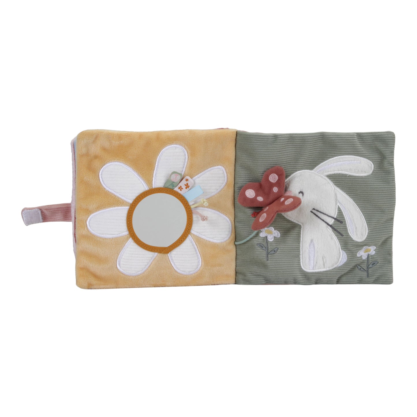 Libro di attività morbido multisensoriale, Little Dutch. Libretto a tema Fiori e Farfalle aperto sulle pagine dove ci sono un coniglietto che annusa una farfalla e margherita che funge da specchietto