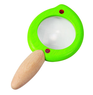 lente d'ingrandimento con impugnature in legno e lente con contorno verde