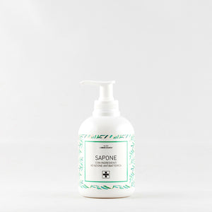 flacone bianco con tappo dosatore e scritta sapone antibatterico
